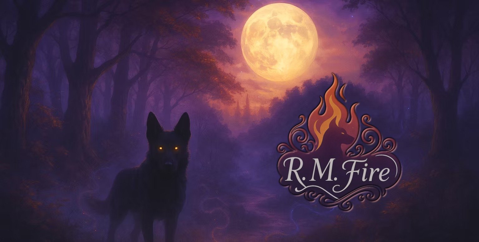 RM Fire logo: an illustration of a black dog in a shadowed forest.